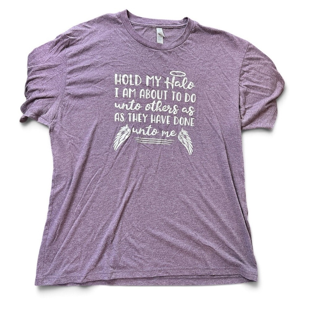 Next Level Hold My Halo Graphic T Shirt Womens XL Purple Angel Wings Funny Tee